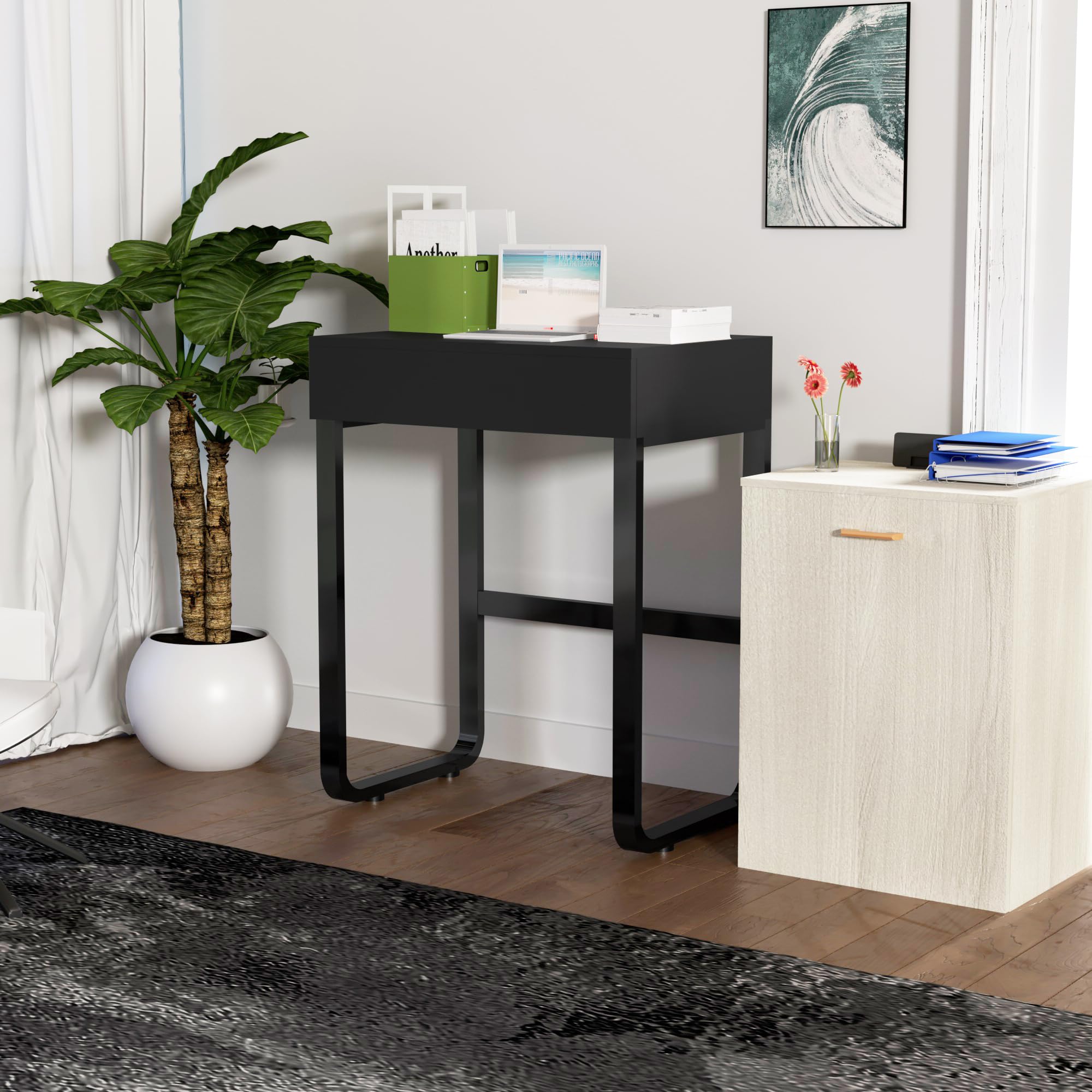 Wooden Kids Desk with Drawers, Mini Children Study Writing Table, Tabletop Bookshelf, Vanity Table, White Computer Desk Student Workstation Children Teenagers Desk with Hooks (Black)