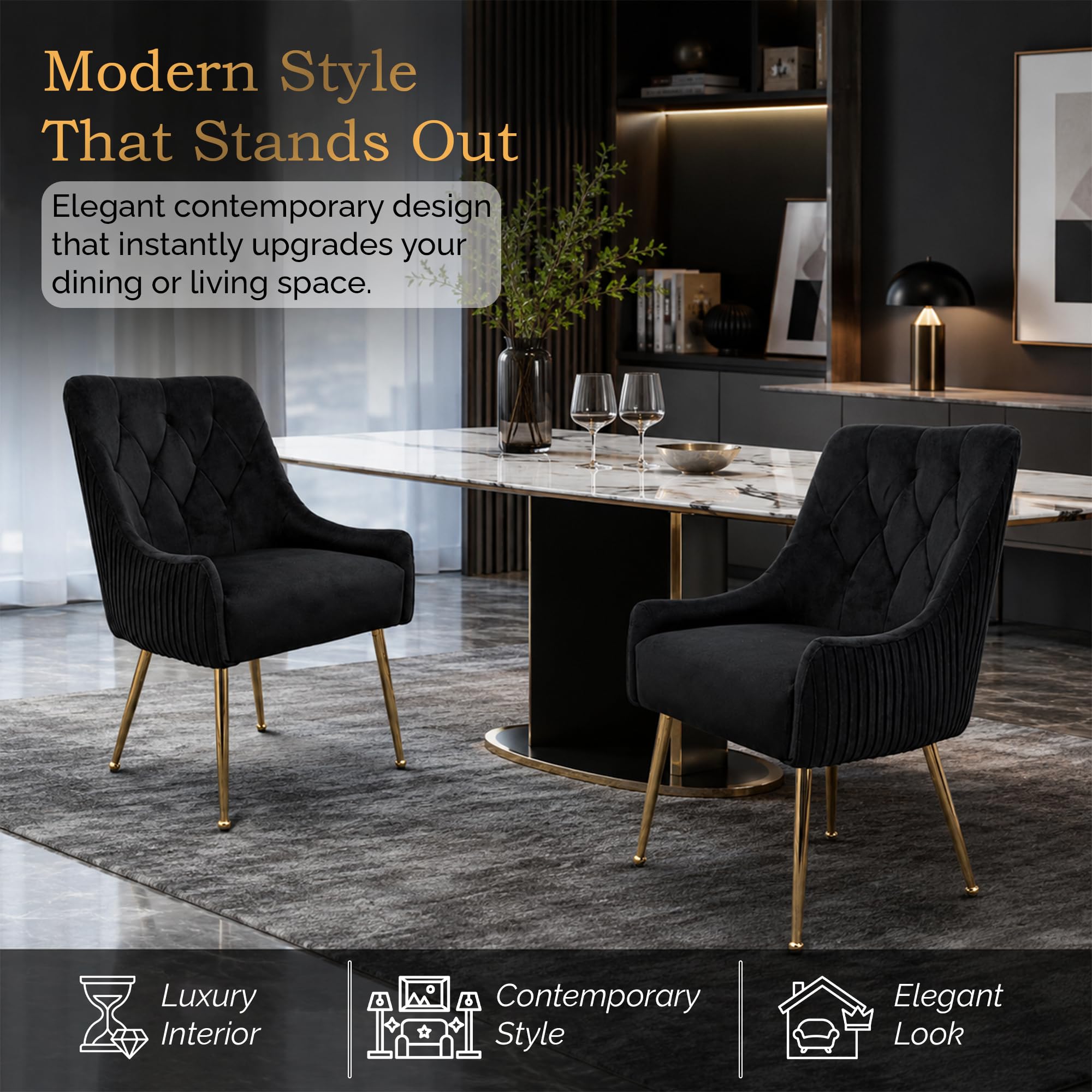 Accent Dining Chairs Set of 2, Modern Upholstered Kitchen Dining Room Chairs with Gold Legs, Fabric Tufted Velvet Living Room Chair for Reception Bedroom Kitchen