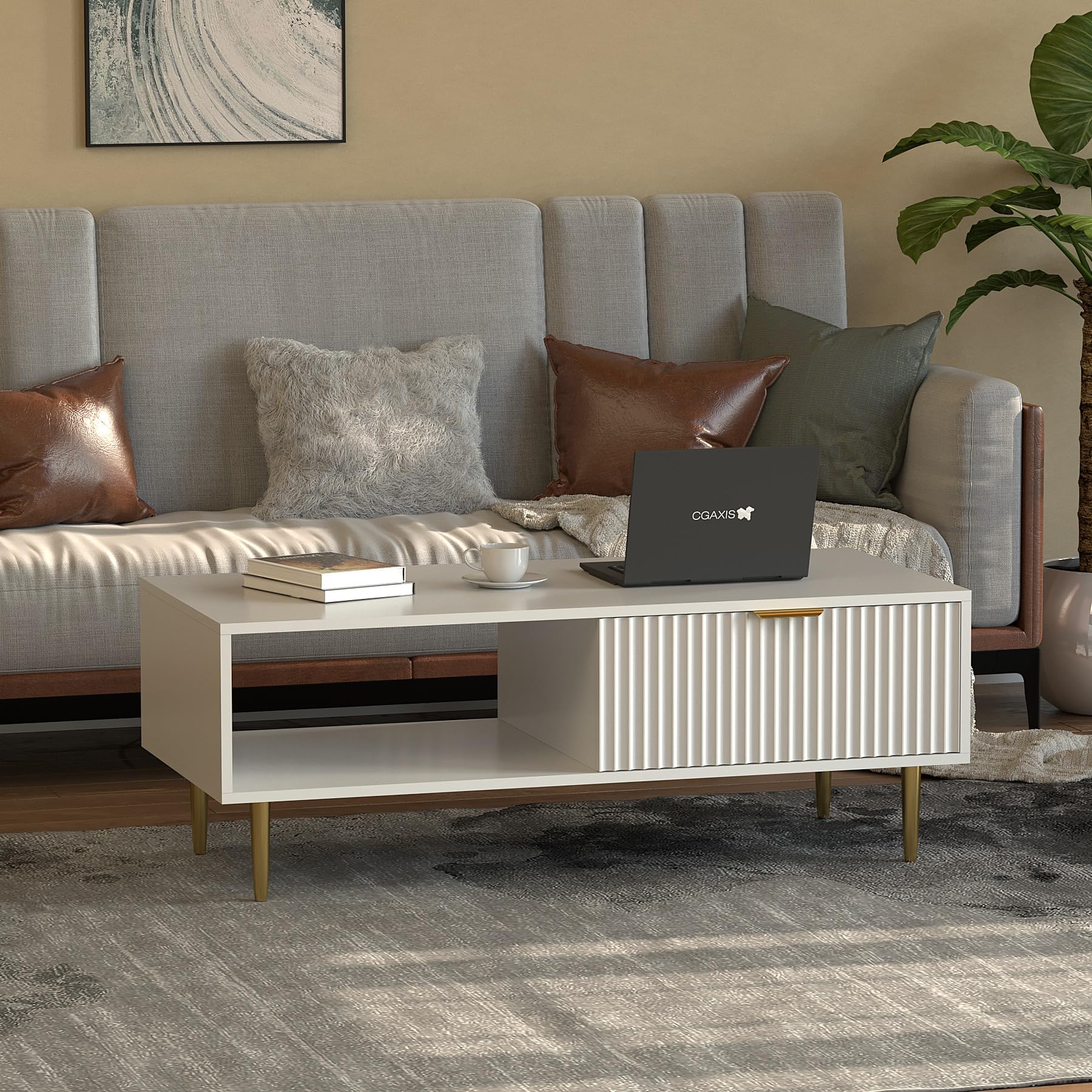 HYGRAD® Large Wooden Coffee Table For Living Room With Storage Drawer Modern Styled Rectangular Coffee Table & TV Stand Unit With Gold Legs White - Dimensions - 110cm x 50cm x 40cm (L x D x H)