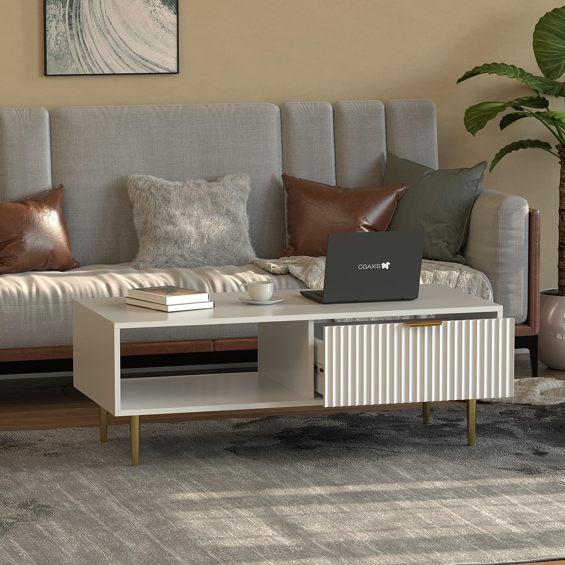 HYGRAD® Large Wooden Coffee Table For Living Room With Storage Drawer Modern Styled Rectangular Coffee Table & TV Stand Unit With Gold Legs White - Dimensions - 110cm x 50cm x 40cm (L x D x H)