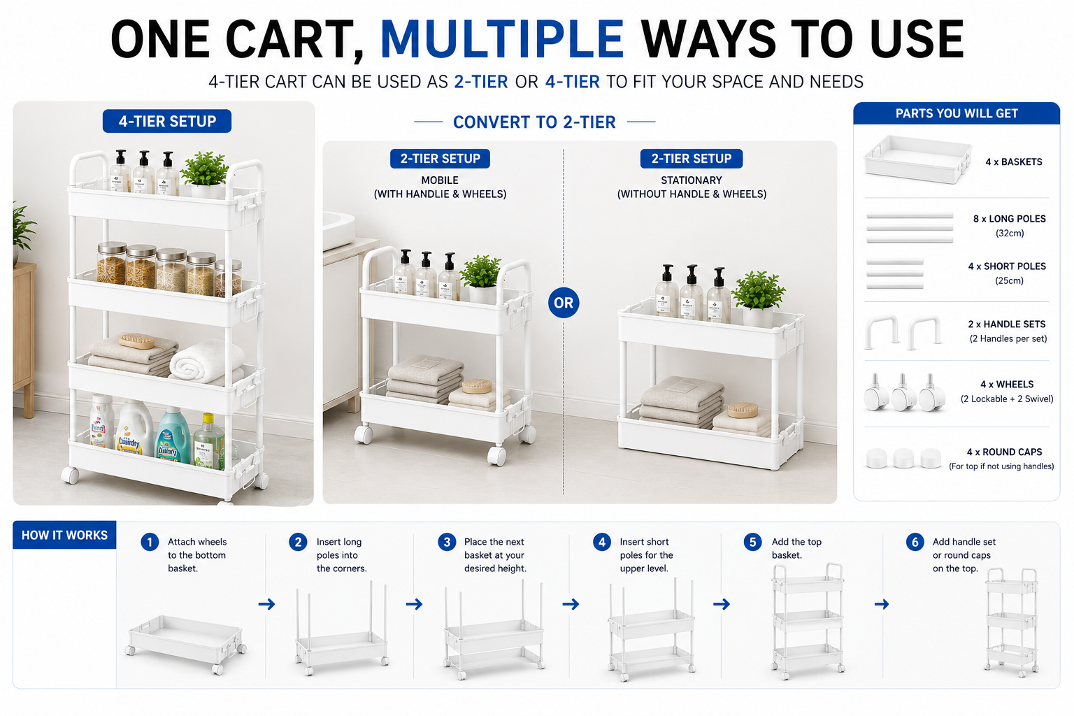 3/4/5 Tier Storage Trolley Cart on Wheels Slim Rolling Slide-Out Slim Utility Cart Storage Shelving Organizer for Kitchen Laundry Narrow Space Rack Space-Saving Bathroom Bedside Trolley