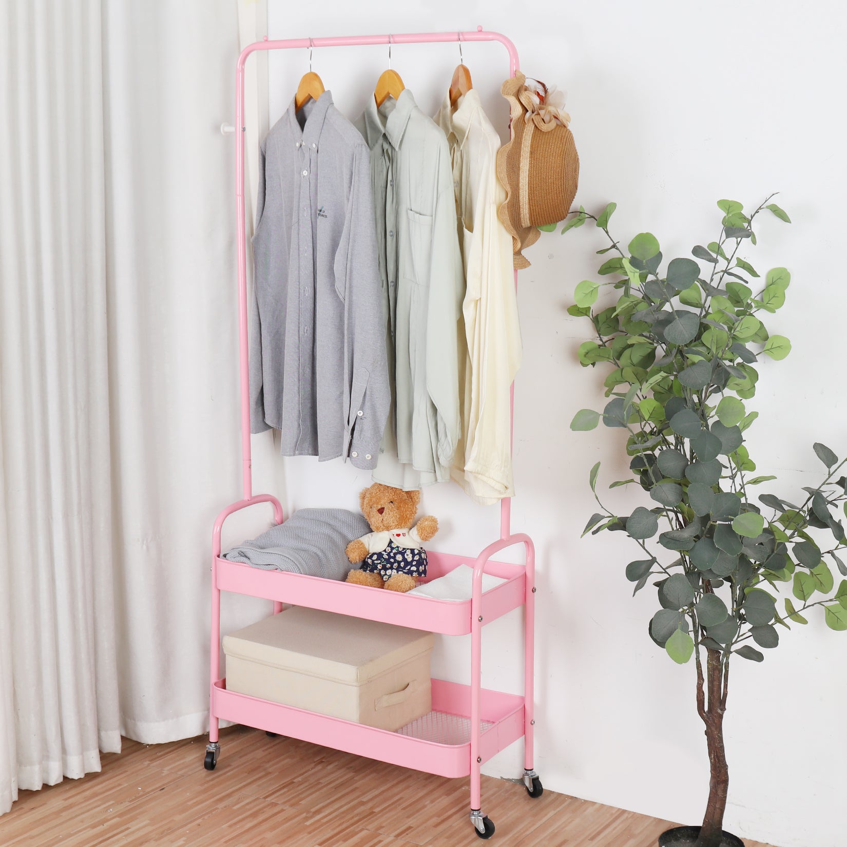 HYGRAD Metal Clothes Rack On Wheels Portable Clothes Rail For Hanging Clothes With Shoe Storage Shelfs Portable Clothes Rack Caddy For Bedroom Wardrobe