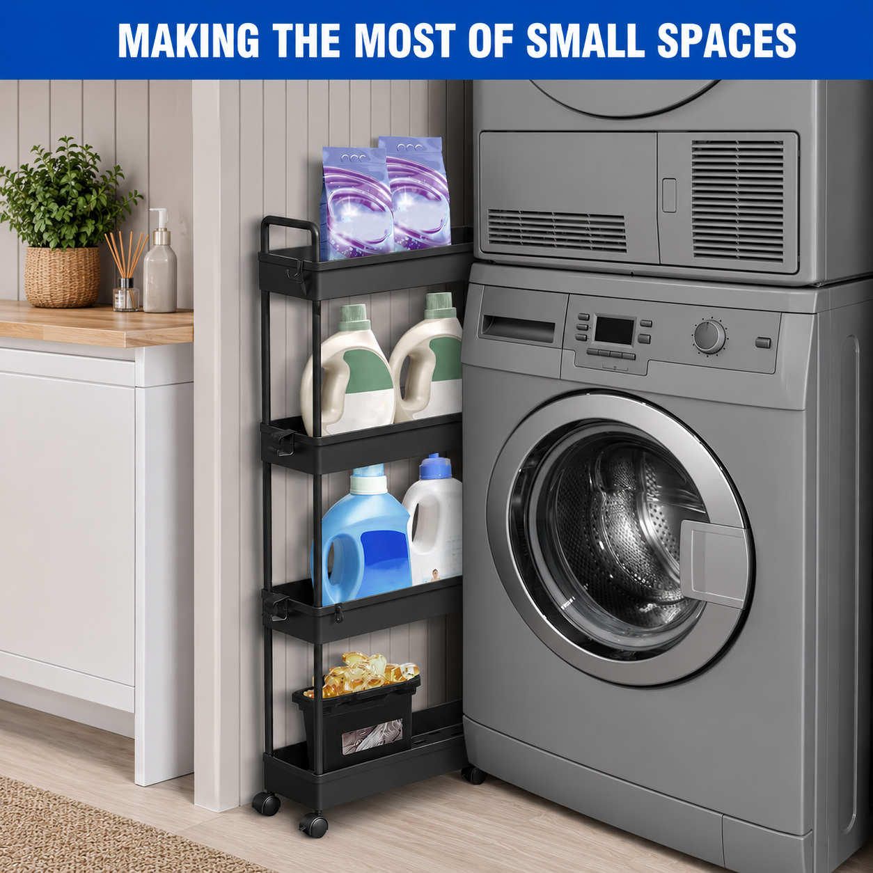 3/4/5 Tier Storage Trolley Cart on Wheels Slim Rolling Slide-Out Slim Utility Cart Storage Shelving Organizer for Kitchen Laundry Narrow Space Rack Space-Saving Bathroom Bedside Trolley