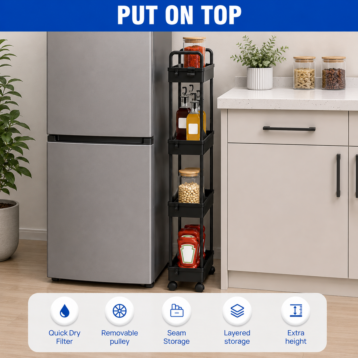3/4/5 Tier Storage Trolley Cart on Wheels Slim Rolling Slide-Out Slim Utility Cart Storage Shelving Organizer for Kitchen Laundry Narrow Space Rack Space-Saving Bathroom Bedside Trolley