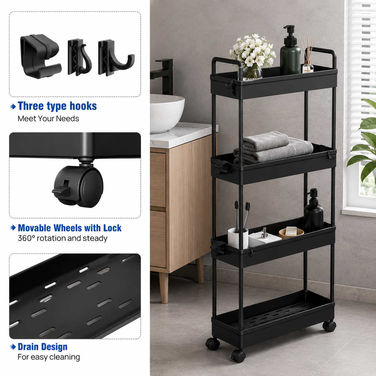 3/4/5 Tier Storage Trolley Cart on Wheels Slim Rolling Slide-Out Slim Utility Cart Storage Shelving Organizer for Kitchen Laundry Narrow Space Rack Space-Saving Bathroom Bedside Trolley