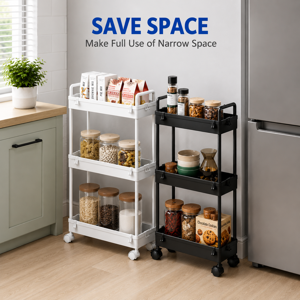 3/4/5 Tier Storage Trolley Cart on Wheels Slim Rolling Slide-Out Slim Utility Cart Storage Shelving Organizer for Kitchen Laundry Narrow Space Rack Space-Saving Bathroom Bedside Trolley