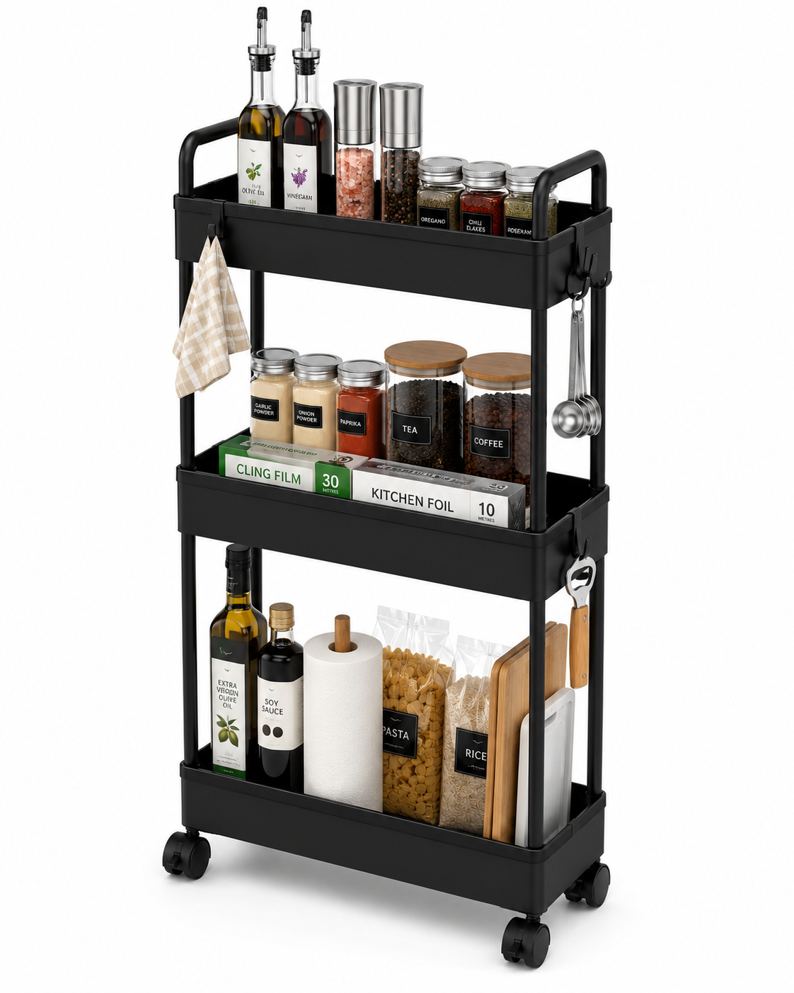 3/4/5 Tier Storage Trolley Cart on Wheels Slim Rolling Slide-Out Slim Utility Cart Storage Shelving Organizer for Kitchen Laundry Narrow Space Rack Space-Saving Bathroom Bedside Trolley