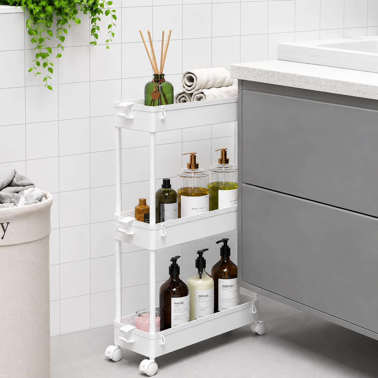 3/4/5 Tier Storage Trolley Cart on Wheels Slim Rolling Slide-Out Slim Utility Cart Storage Shelving Organizer for Kitchen Laundry Narrow Space Rack Space-Saving Bathroom Bedside Trolley
