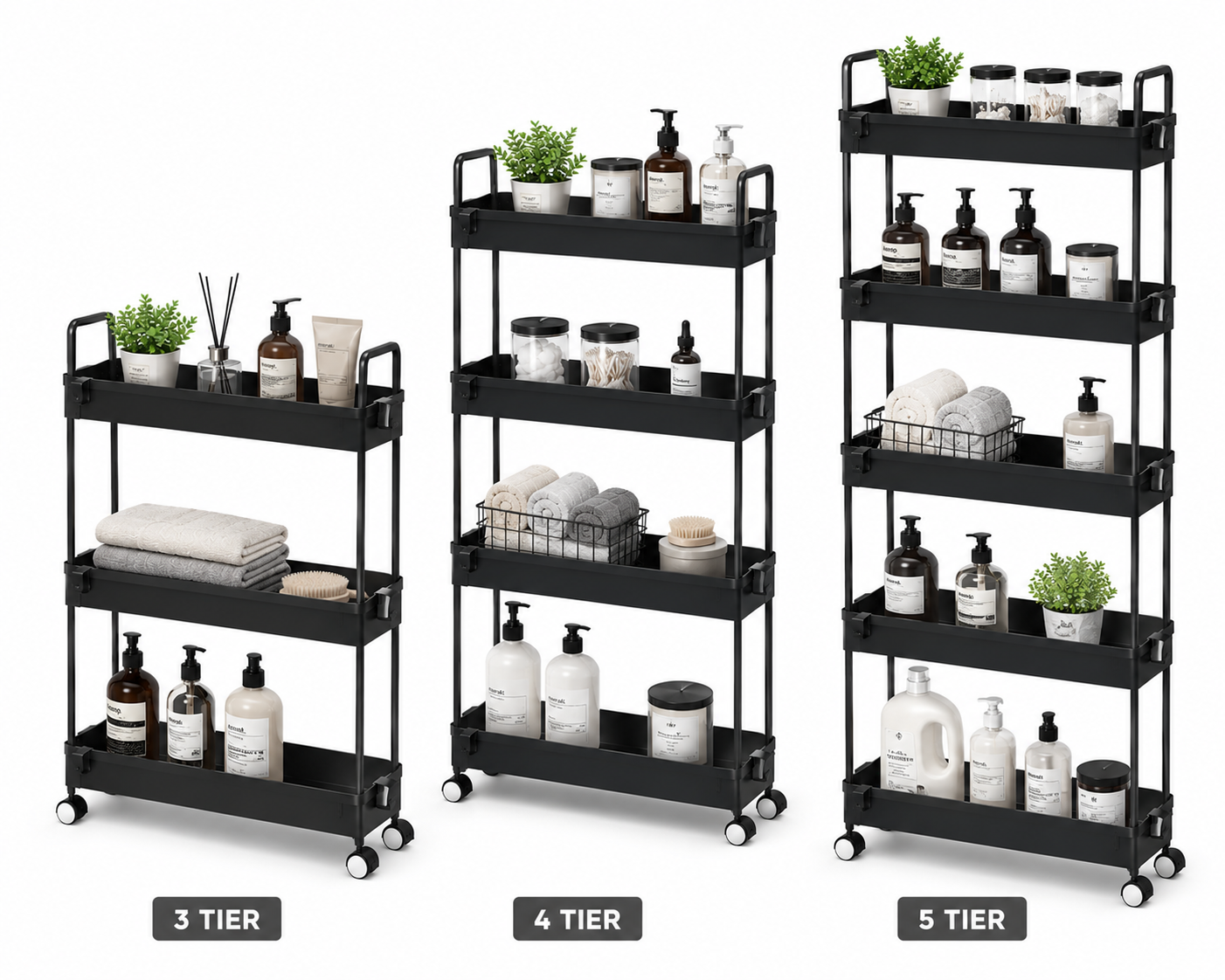 3/4/5 Tier Storage Trolley Cart on Wheels Slim Rolling Slide-Out Slim Utility Cart Storage Shelving Organizer for Kitchen Laundry Narrow Space Rack Space-Saving Bathroom Bedside Trolley