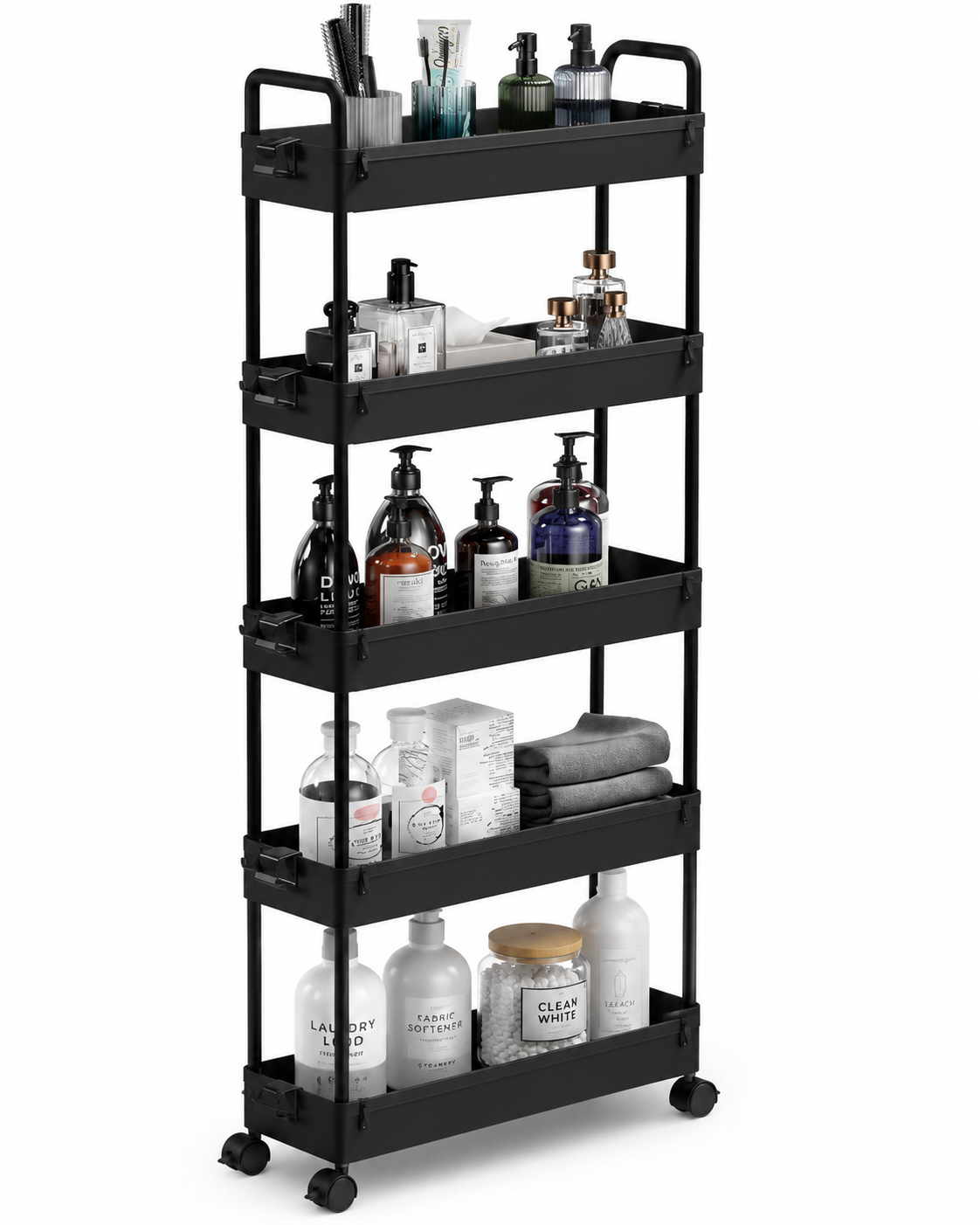 3/4/5 Tier Storage Trolley Cart on Wheels Slim Rolling Slide-Out Slim Utility Cart Storage Shelving Organizer for Kitchen Laundry Narrow Space Rack Space-Saving Bathroom Bedside Trolley