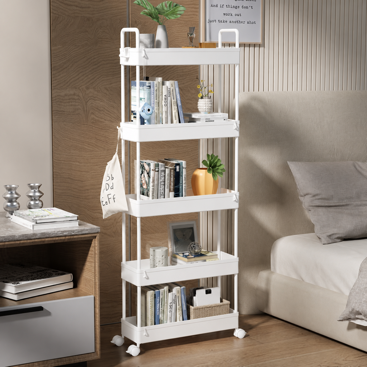 3/4/5 Tier Storage Trolley Cart on Wheels Slim Rolling Slide-Out Slim Utility Cart Storage Shelving Organizer for Kitchen Laundry Narrow Space Rack Space-Saving Bathroom Bedside Trolley