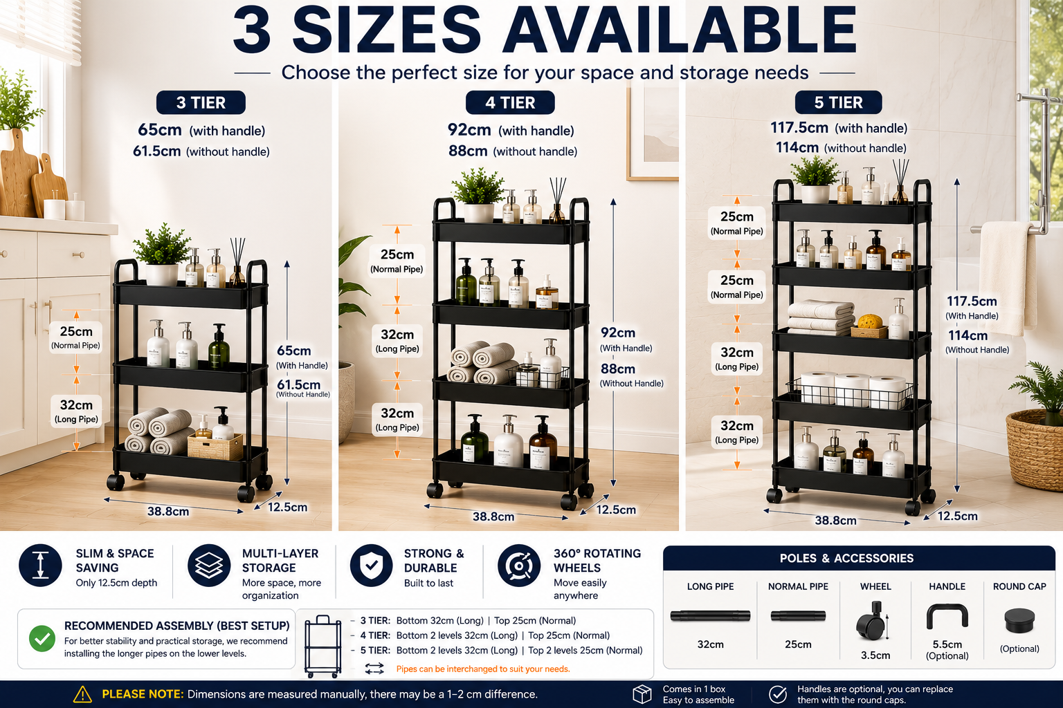3/4/5 Tier Storage Trolley Cart on Wheels Slim Rolling Slide-Out Slim Utility Cart Storage Shelving Organizer for Kitchen Laundry Narrow Space Rack Space-Saving Bathroom Bedside Trolley