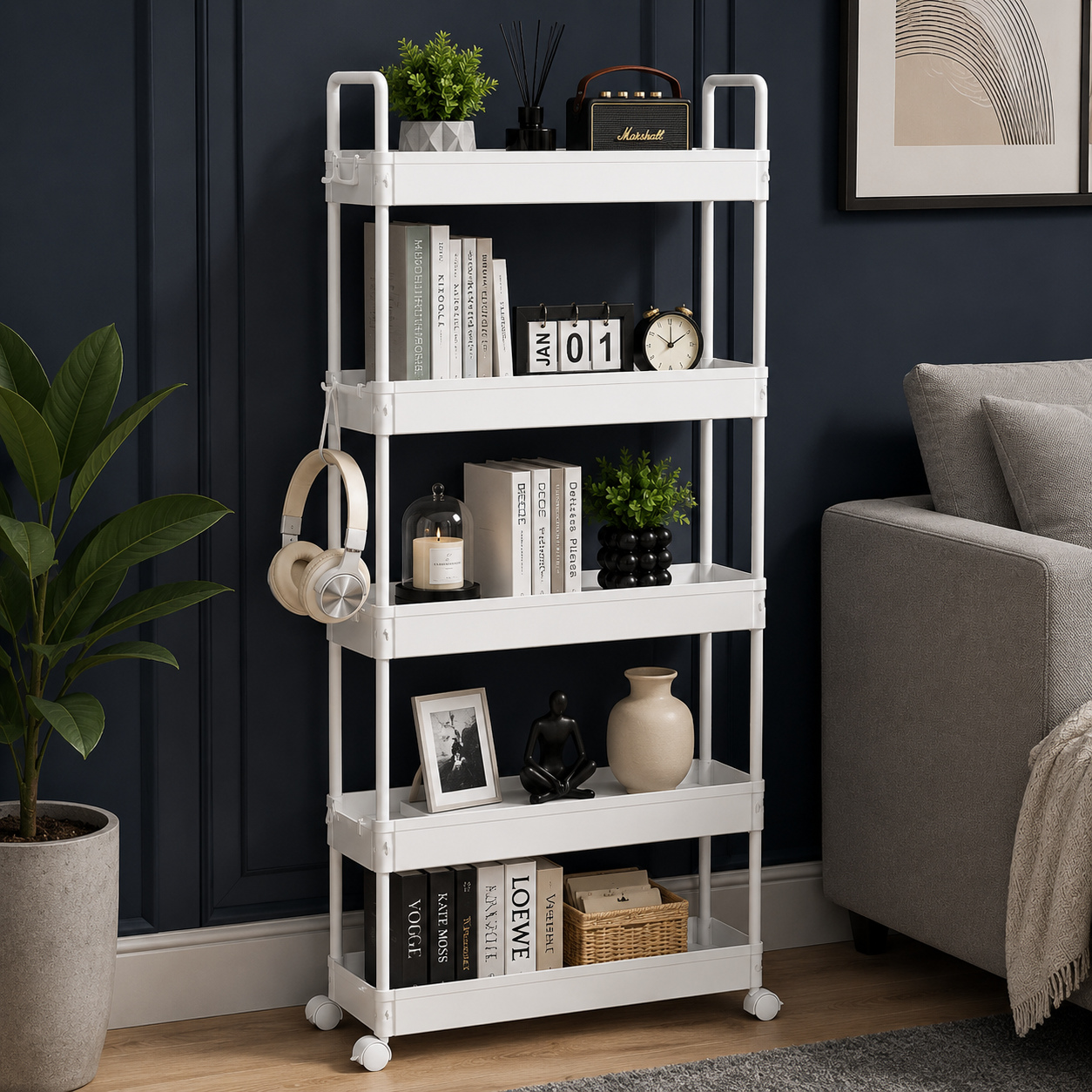 3/4/5 Tier Storage Trolley Cart on Wheels Slim Rolling Slide-Out Slim Utility Cart Storage Shelving Organizer for Kitchen Laundry Narrow Space Rack Space-Saving Bathroom Bedside Trolley