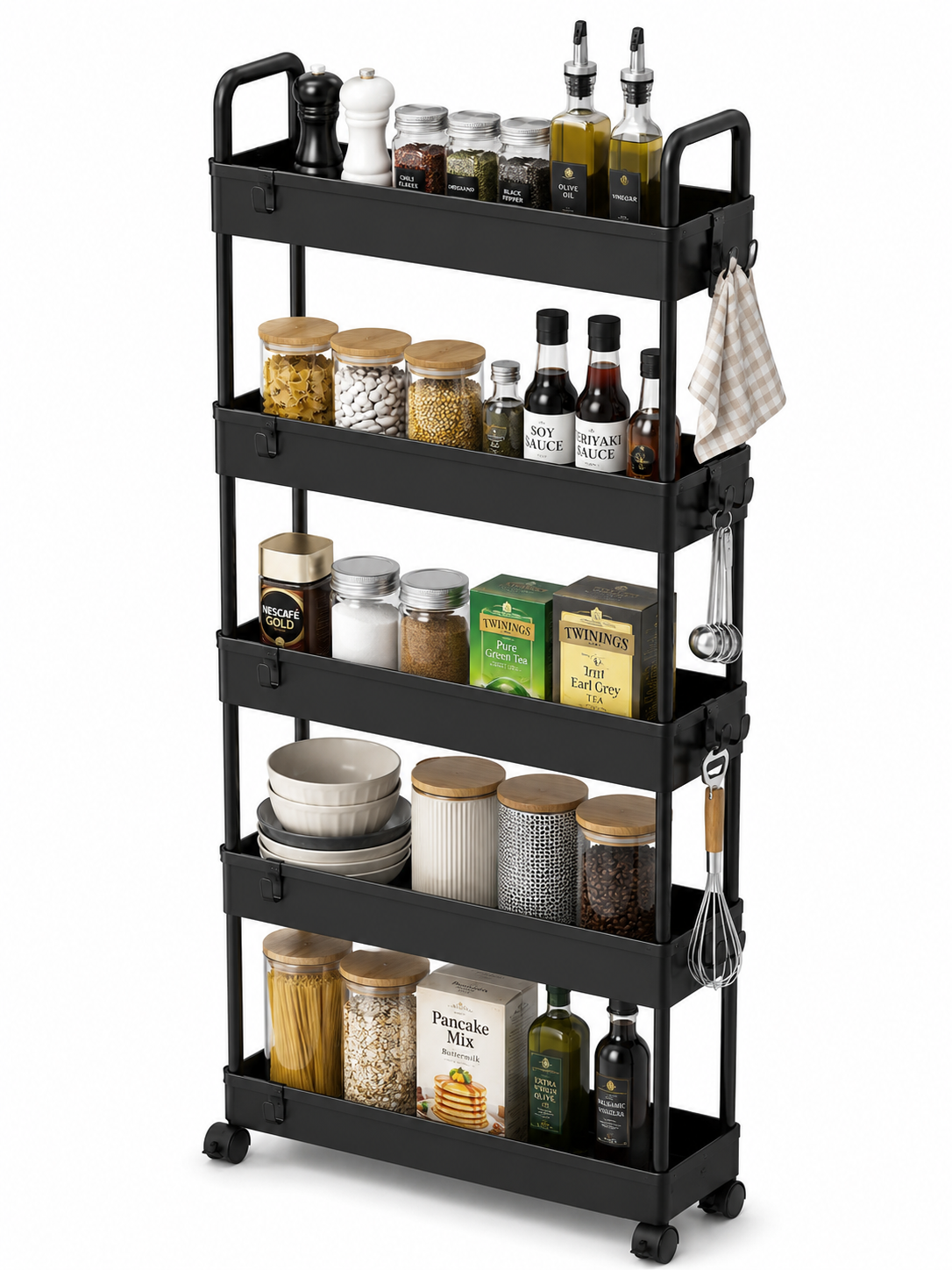 3/4/5 Tier Storage Trolley Cart on Wheels Slim Rolling Slide-Out Slim Utility Cart Storage Shelving Organizer for Kitchen Laundry Narrow Space Rack Space-Saving Bathroom Bedside Trolley