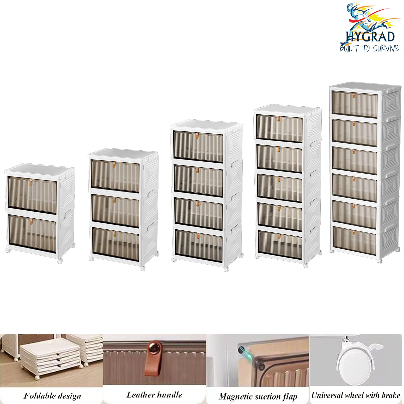 Foldable White Plastic Shoe Box 2/3/4/5/6 Tier Stackable Storage Cabinet - Rolling Wardrobe Storage Organizer Containers With Lid & Lockable Wheels