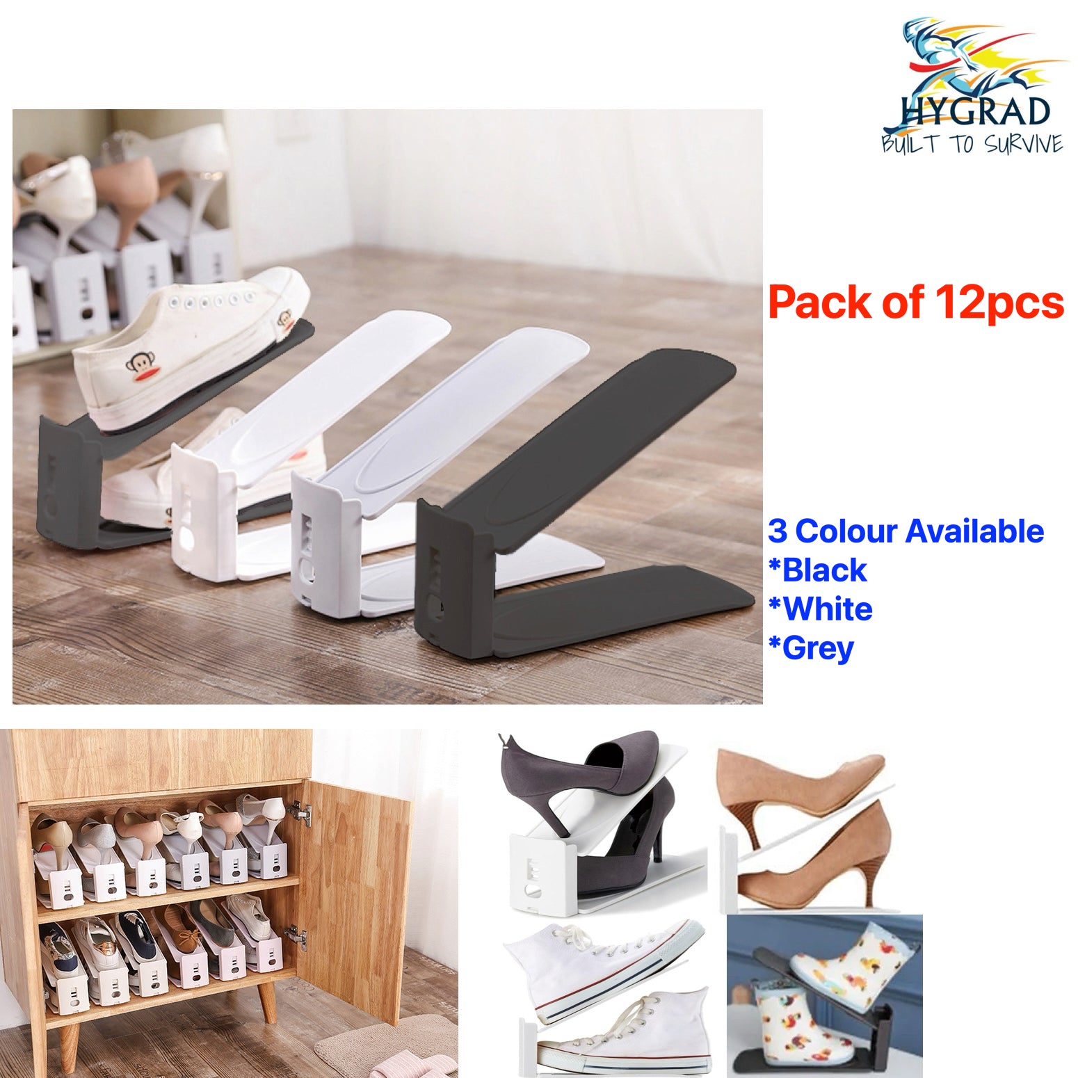 HYGRAD® Pack Of 12 Adjustable Shoe Slots, Shoe Rack Organiser Slots For Space Saving And Shoes Organiser Black, White, Grey