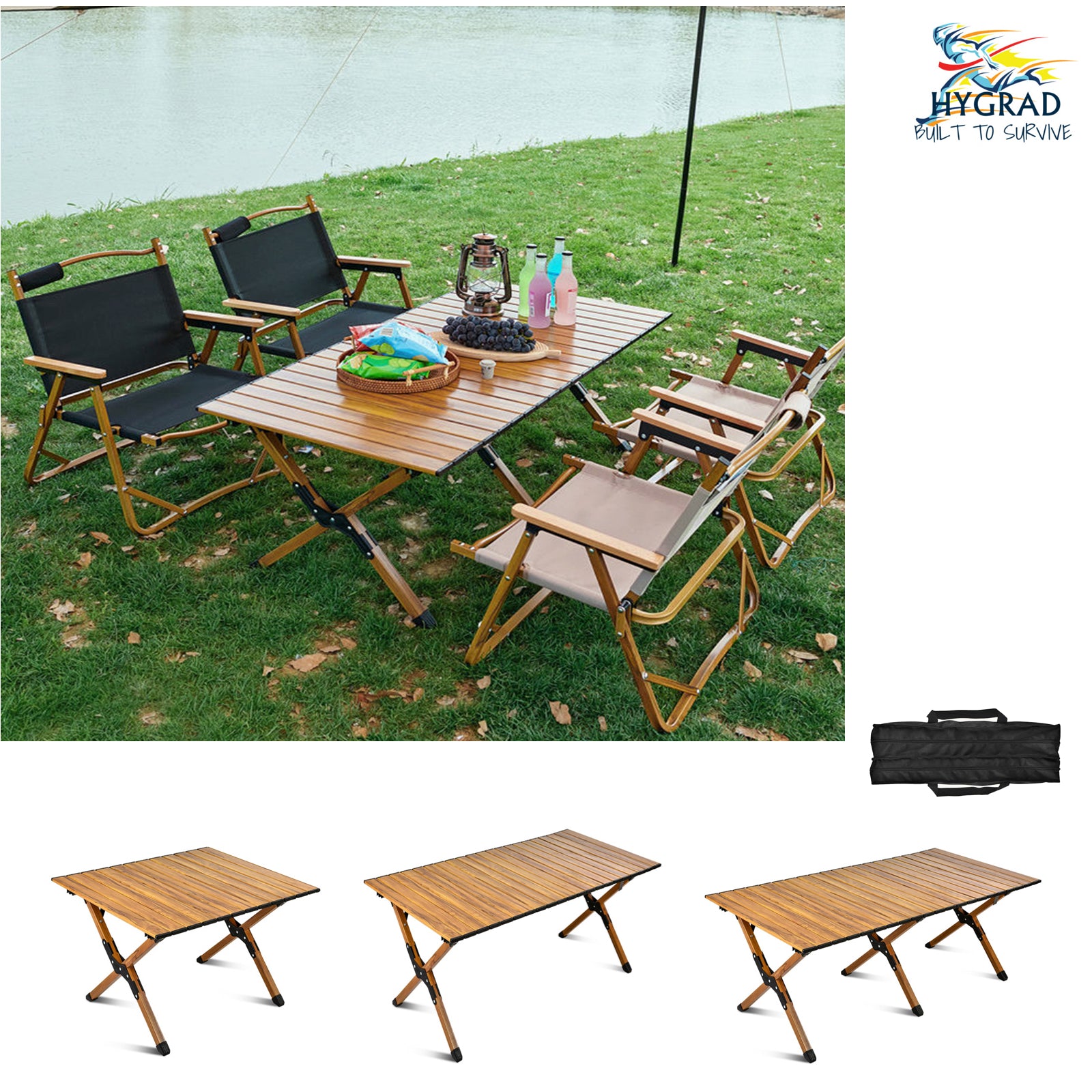 HYGRAD BUILT TO SURVIVE Wooden Effect Egg Roll Picnic Table Portable BBQ Table Foldable Wooden Effect Carry Picnic Table Garden Table Outdoor Foldable Table