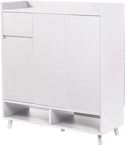 White Large Wooden Hallway Shoe Cabinet 3 Doors Multiple Tier Shoe Rack Storage Cabinet Home Office 90cm Display Cabinet (Full White)