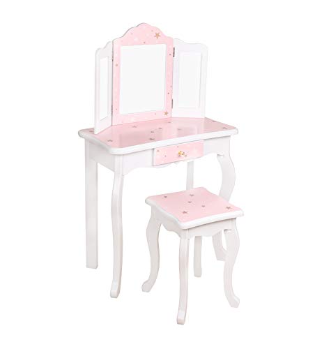 HYGRAD® Girls Dressing Table With Mirror and Stool, Childrens White/ Pink Star Prints Wooden Kids Vanity Table with Crystal Knobs Childs Dressing Table Set for a Kid, Children Aged (6-13)