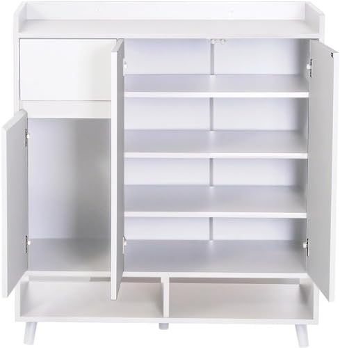 HYGRAD Large Wooden Hallway Shoe Cabinet 3 Doors Multiple Tier Shoe Rack Storage Cabinet Home Office 90cm Display Cabinet (Full White)