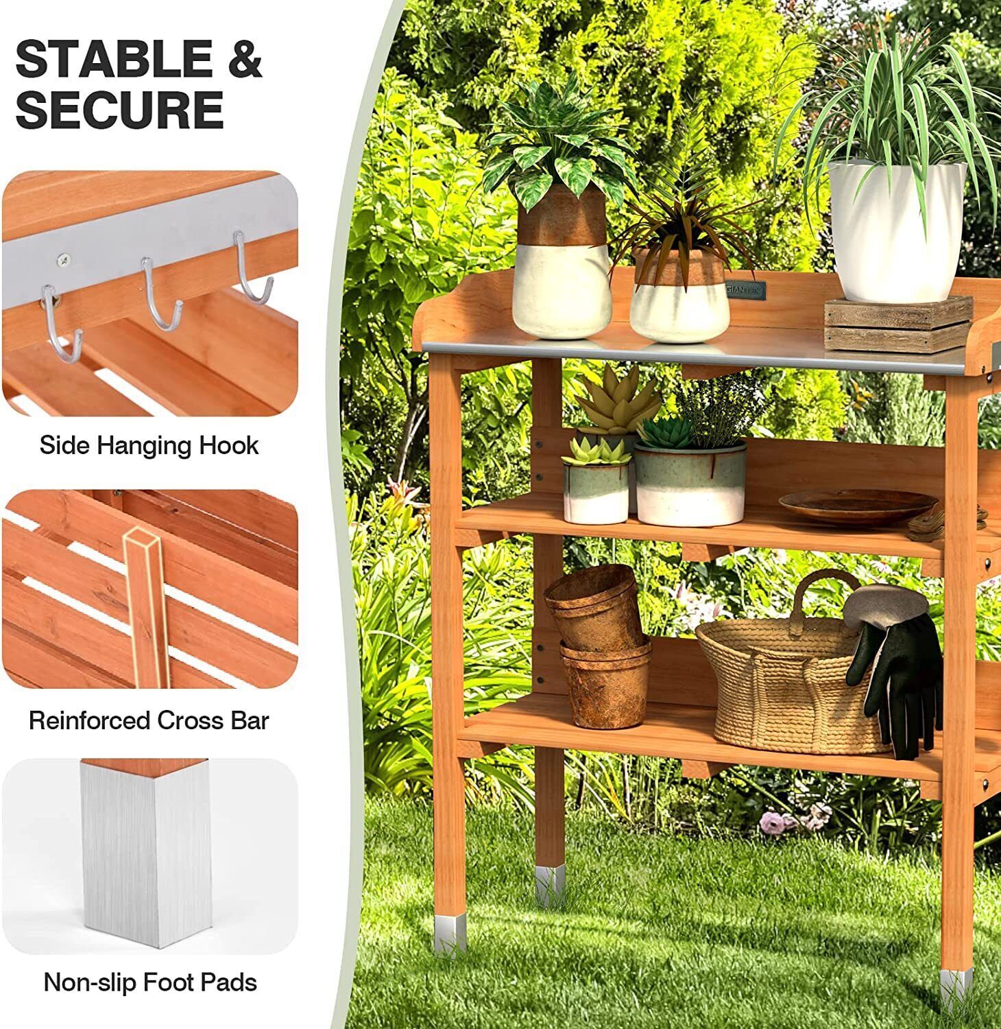 Outdoor Garden Wooden Potting Bench Work Station Table Tool W/Hook Storage Shelf