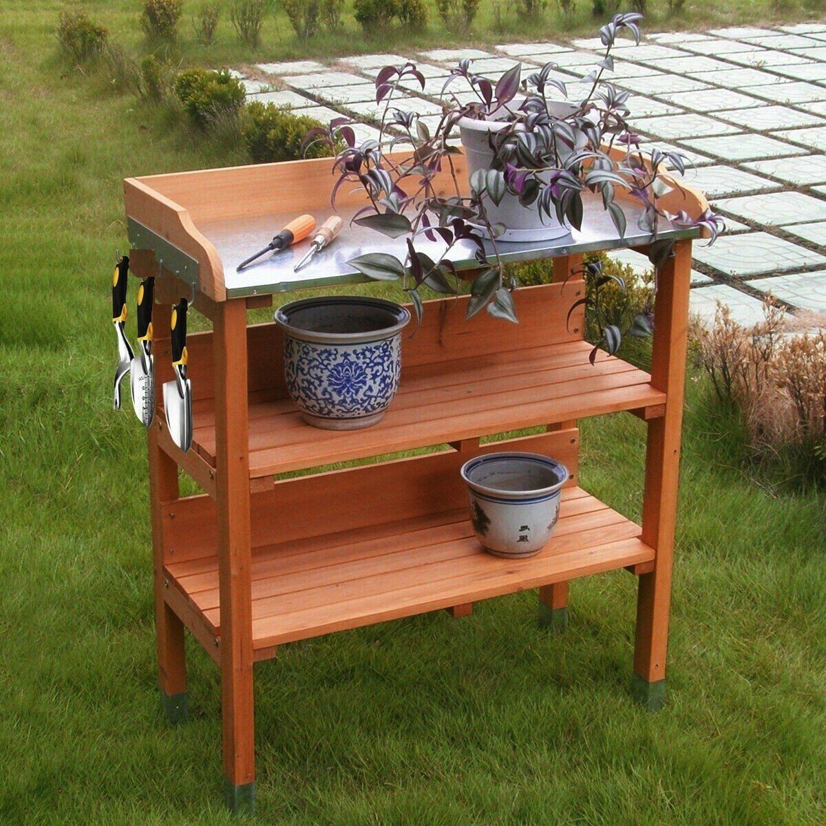 Outdoor Wooden Garden Potting Planting Work Bench Table Planting Table With Hook