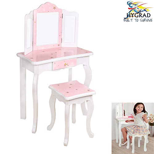 HYGRAD® Girls Dressing Table With Mirror and Stool, Childrens White/ Pink Star Prints Wooden Kids Vanity Table with Crystal Knobs Childs Dressing Table Set for a Kid, Children Aged (6-13)
