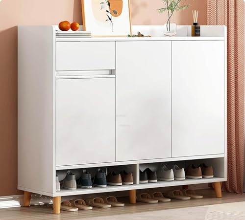 White Large Wooden Hallway Shoe Cabinet 3 Doors Multiple Tier Shoe Rack Storage Cabinet Home Office 90cm Display Cabinet (Full White)