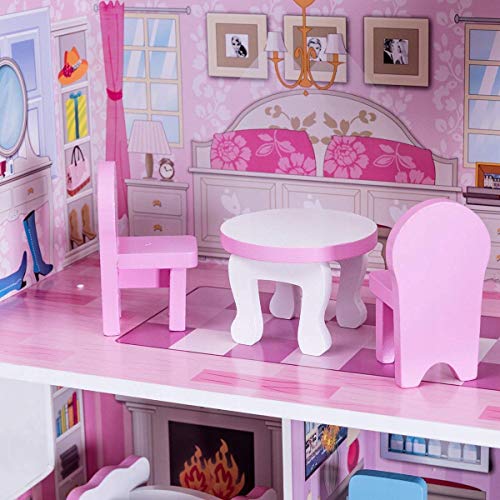 Wooden Play Doll House With Accessories & Furniture Role Play Doll House 4 Designs Christmas, Birthday Girls Gift (Design 1)