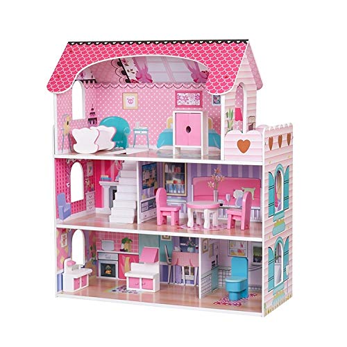 Wooden Play Doll House With Accessories & Furniture Role Play Doll House 4 Designs Christmas, Birthday Girls Gift (Design 1)