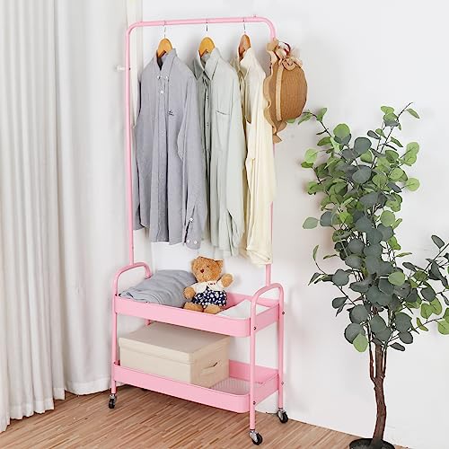 HYGRAD Metal Clothes Rack On Wheels Portable Clothes Rail For Hanging Clothes With Shoe Storage Shelfs Portable Clothes Rack Caddy For Bedroom Wardrobe In Pink White Or Black