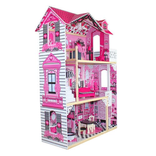 Large Wooden Play Doll House With Accessories & Furniture Role Play Doll House 4 Designs Christmas, Birthday Girls Gift (Design 4)