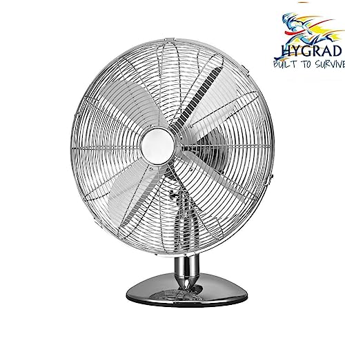 HYGRAD BUILT TO SURVIVE NEW 12" CHROME 3 SPEED TABLE FAN OSCILLATING PORTABLE FREE-STANDING COOLING DESK TABLE FAN