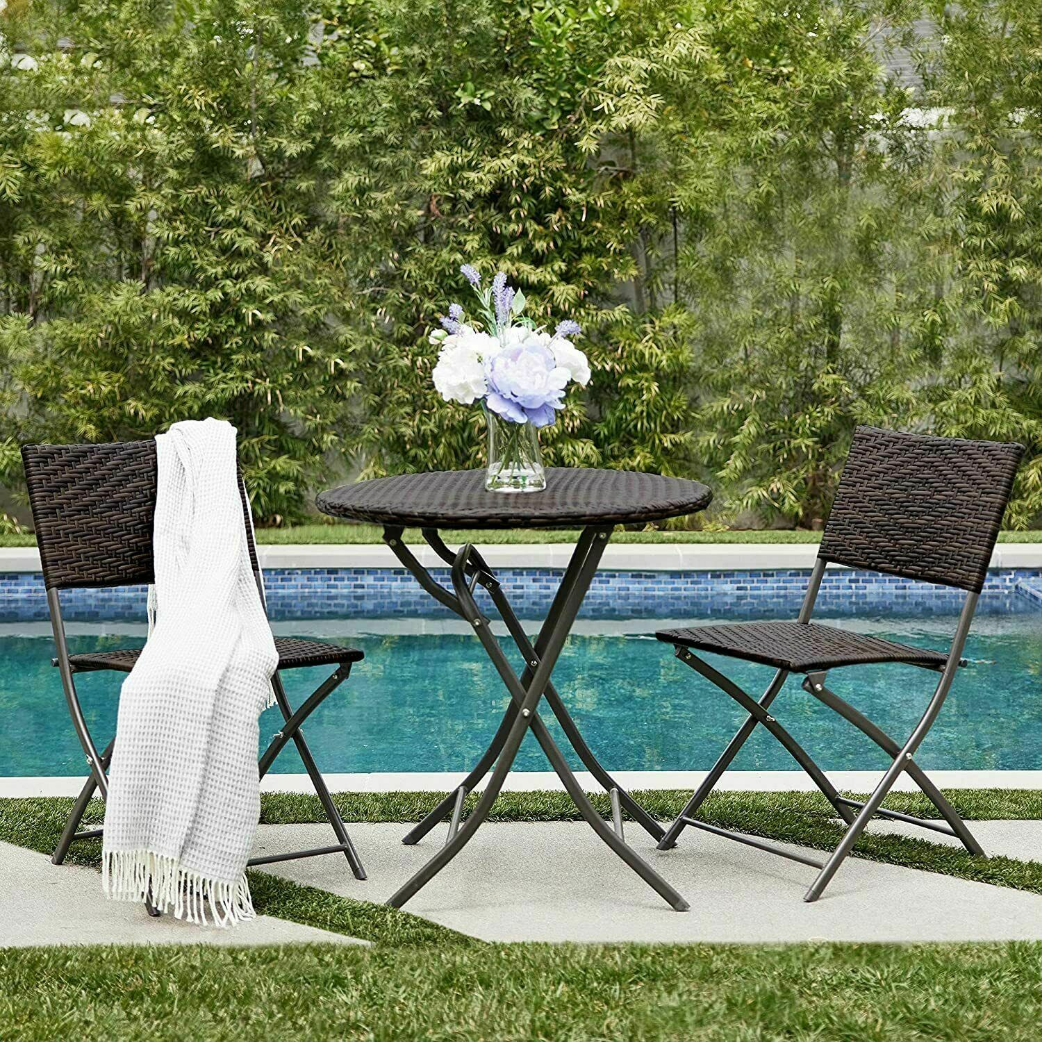 Rattan Cafe Bistro Set Garden Furniture Table and Chair 3pc Patio Cast Grey/Brow