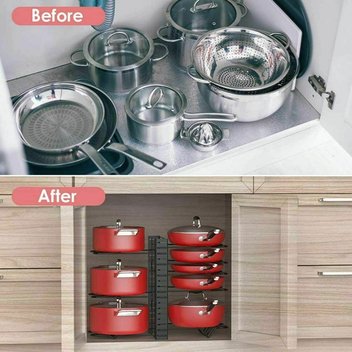 8 Tier Adjustable Cabinet Organiser Pots & Pans Dishes Organiser Stand Cupboard