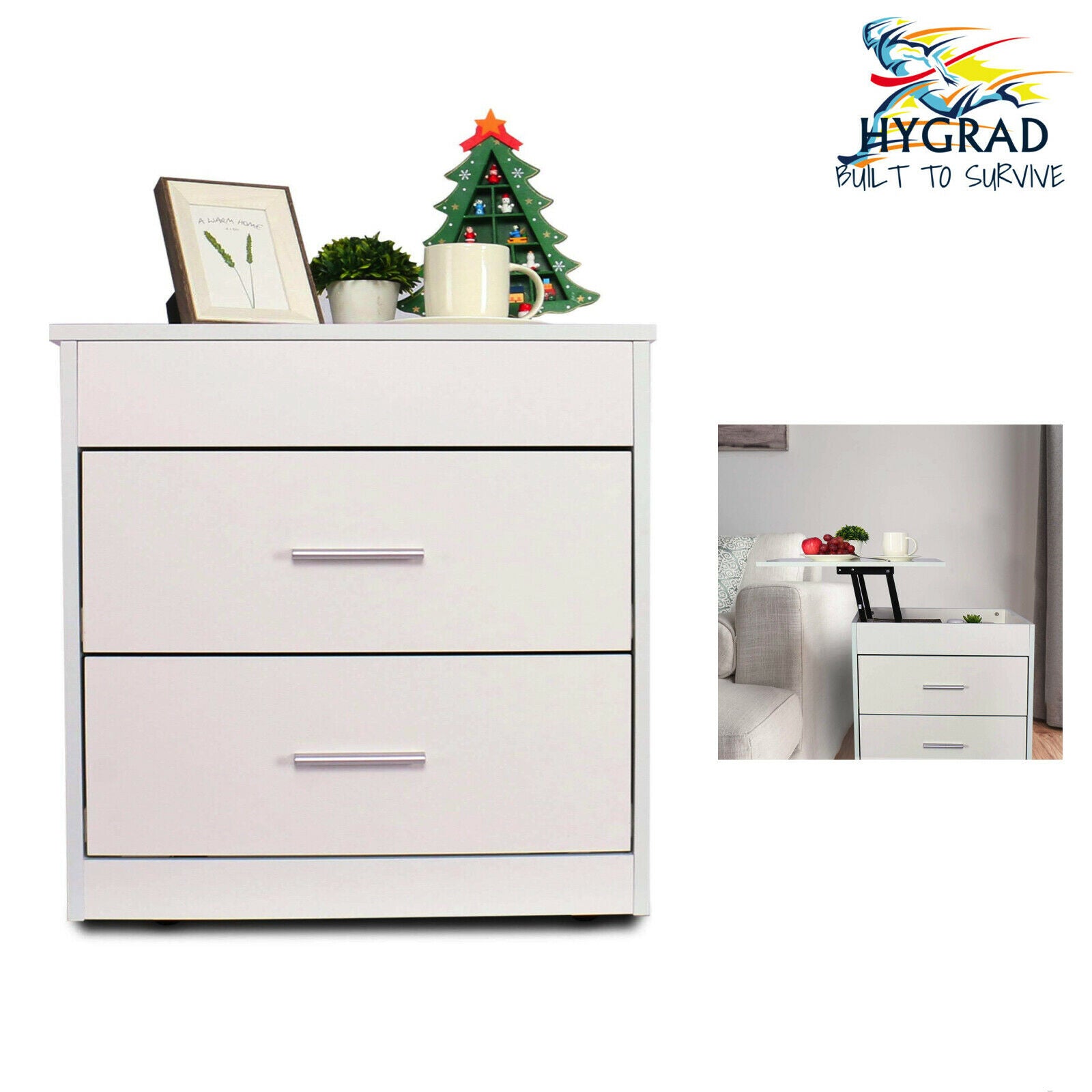 White Wooden Bedside Table Nightstand With Expandable Top Lift & 2 Drawers