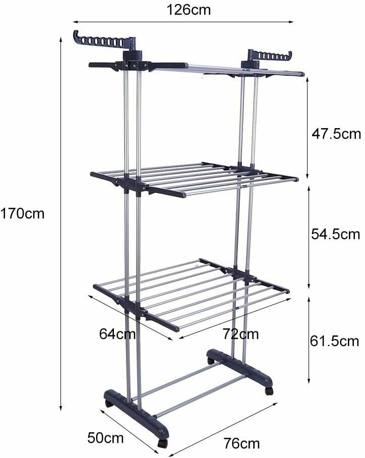 Folding Clothes Airer Horse 3 Tier Rolling Casters Drying Rack Hanging Garment