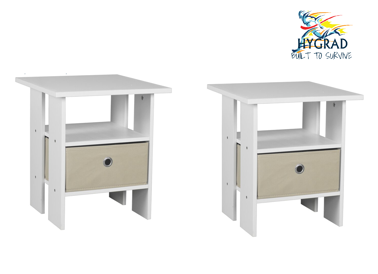 2x Modern White Bedside Tables Nightt Stand For Bedroom With Canvas Drawer Shelf