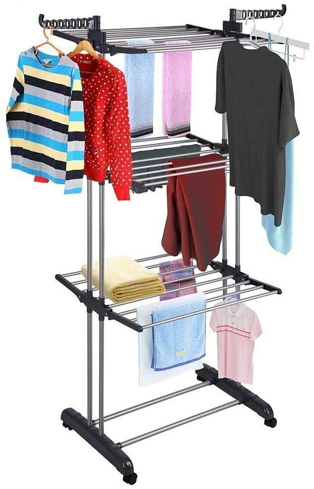 Folding Clothes Airer Horse 3 Tier Rolling Casters Drying Rack Hanging Garment