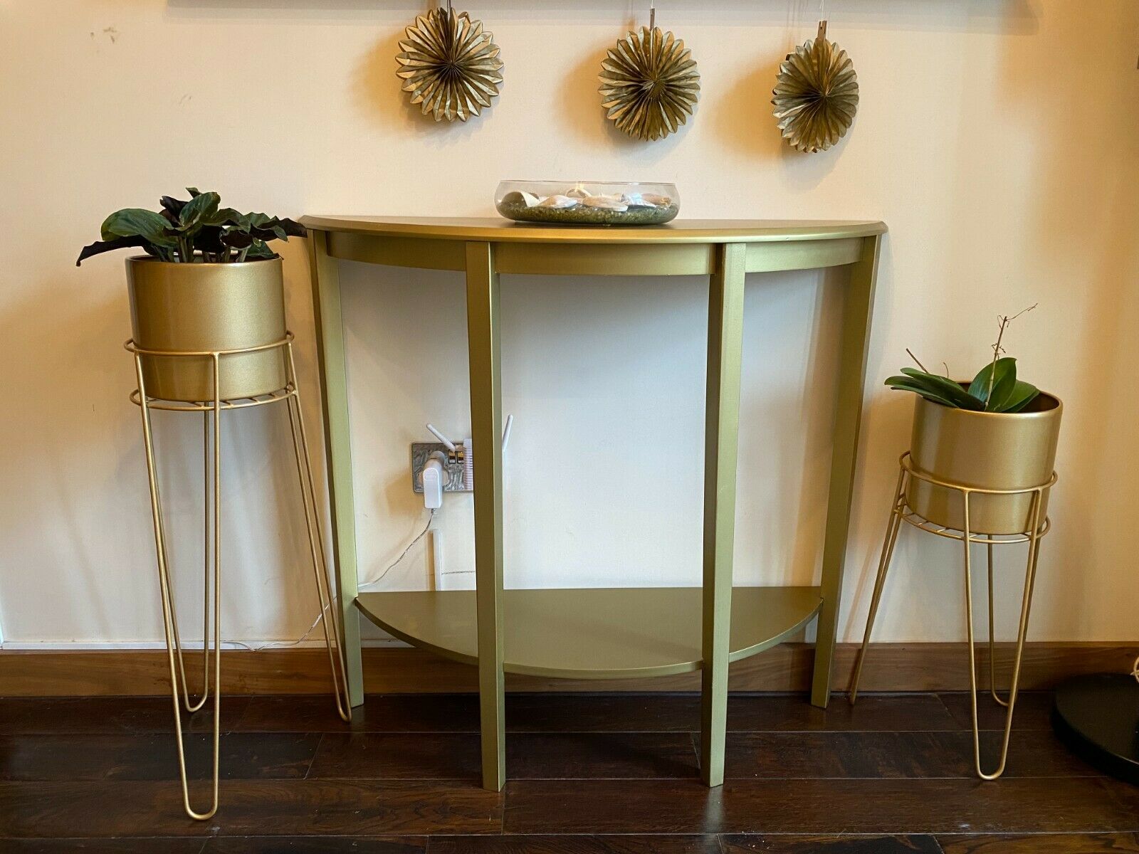 Modern Half Moon Console Table Hallway Or Living Room, Bottom Shelf White/Gold