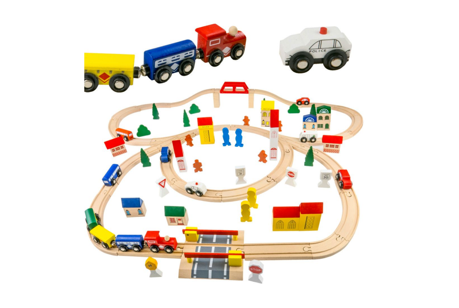 Kids Wooden Train Set - 100 Pieces Kids Children City Traffic Scene Building Toy