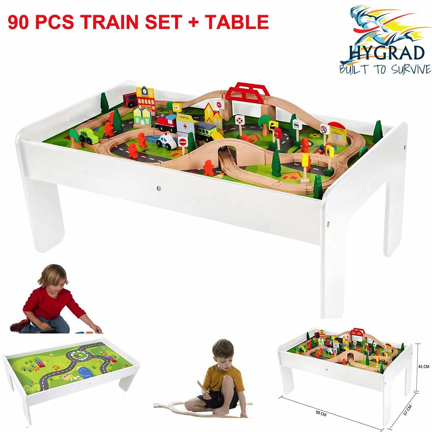 Kids Wooden Activity White Table and 90 Piece Train Set Car Track + Accessories