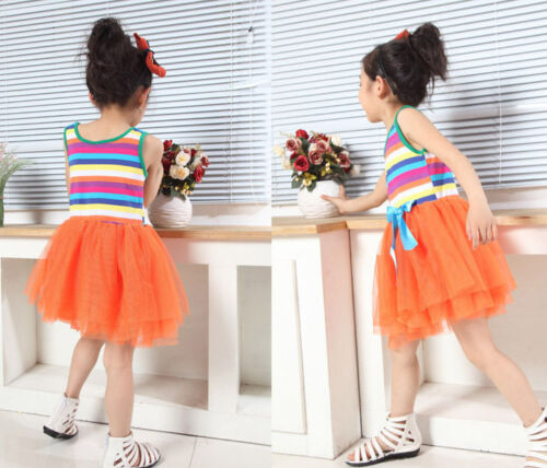 Kids girl lace dance Ballet Skirt princess tutu rainbow Sundress bow party dress