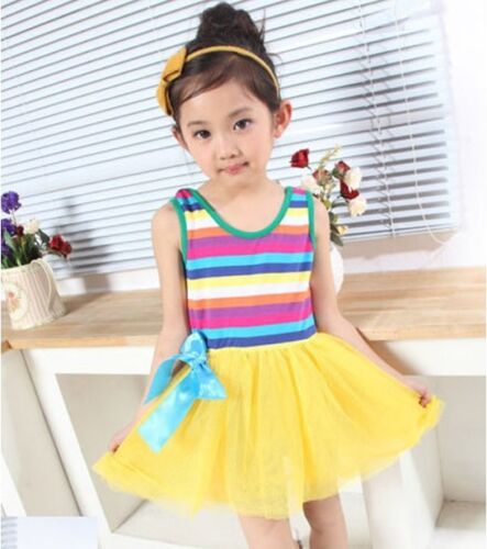 Kids girl lace dance Ballet Skirt princess tutu rainbow Sundress bow party dress